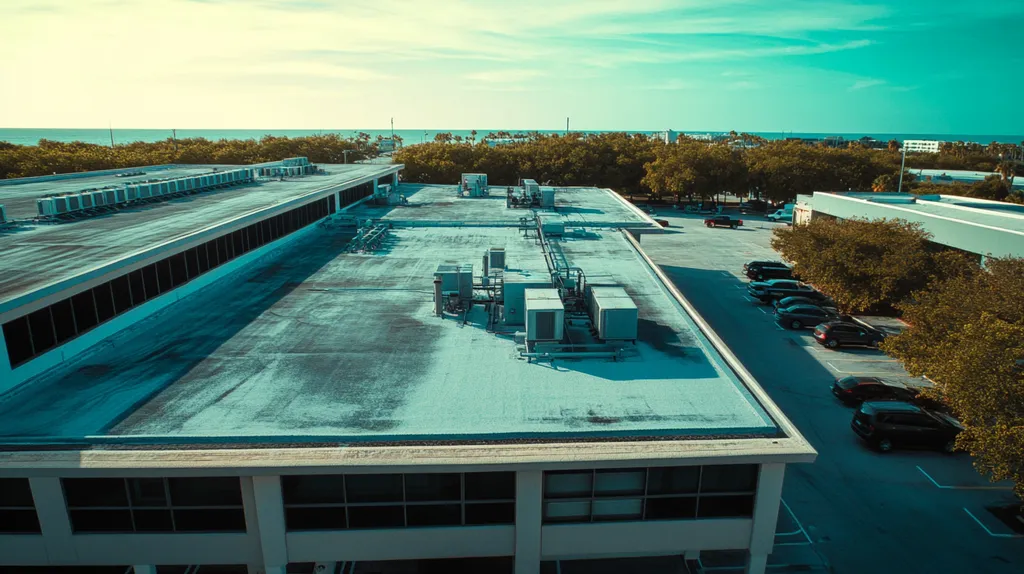 A commercial roof on a call center in a location similar to Key West with a cross-processed look aesthetic (AI image)