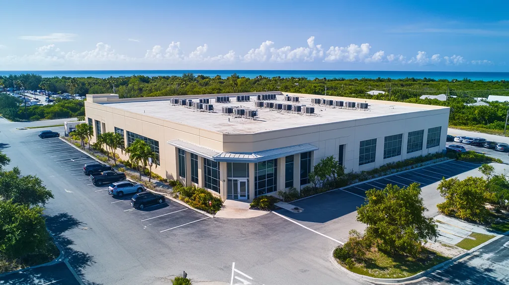 A commercial roof on a call center in a location similar to Key West with a cross-processed look aesthetic (AI image)
