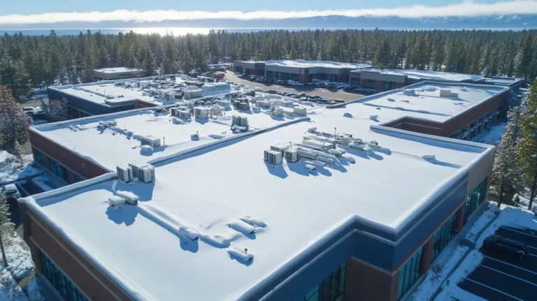 A commercial roof on a call center in a location similar to Lake Tahoe with a snowy day aesthetic (AI image)