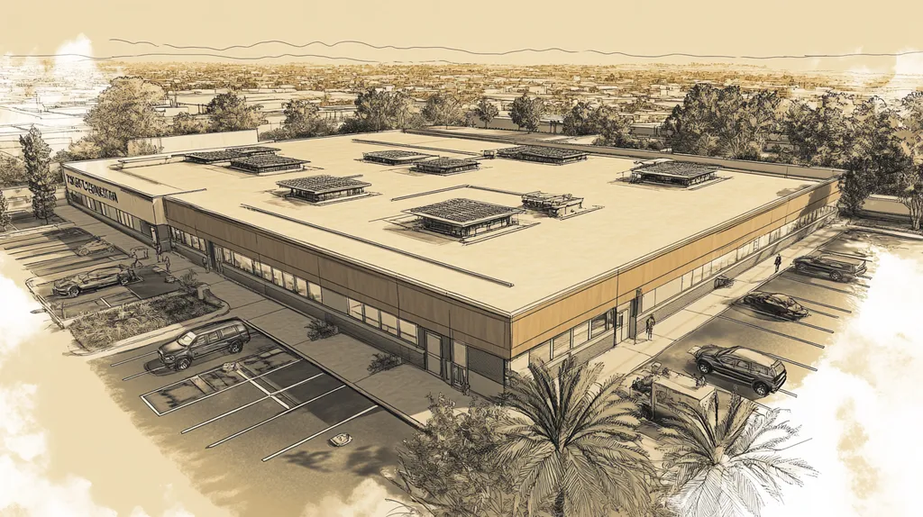 A commercial roof on a call center in a location similar to Los Angeles with an architectural sketch rendering aesthetic (AI image)