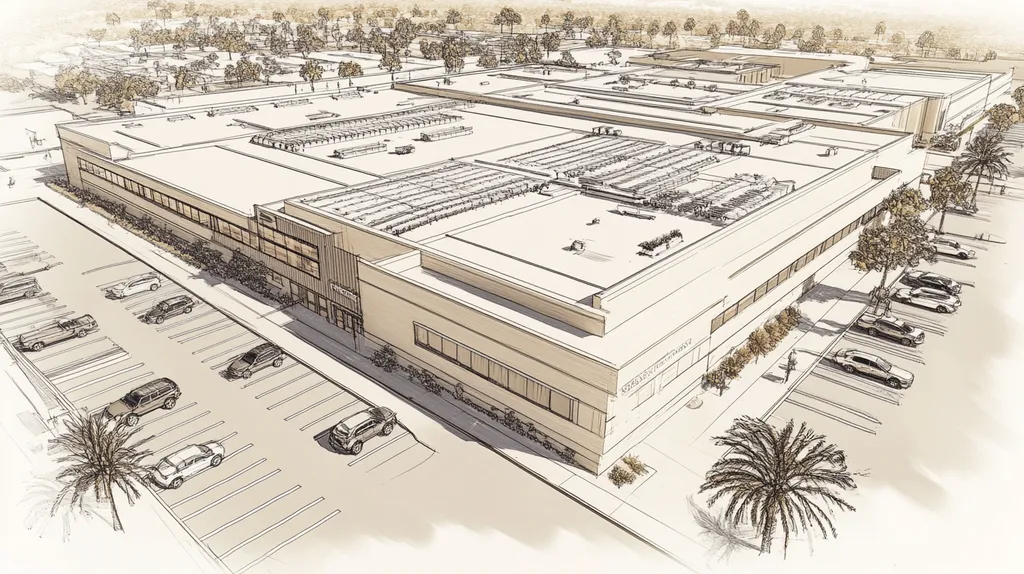 A commercial roof on a call center in a location similar to Los Angeles with an architectural sketch rendering aesthetic (AI image)