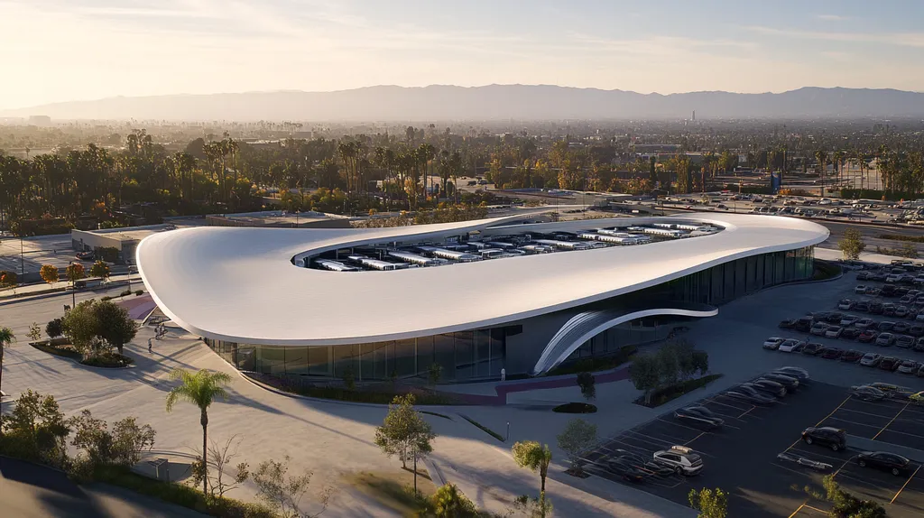 A commercial roof on a call center in a location similar to Los Angeles with a futuristic aesthetic (AI image)