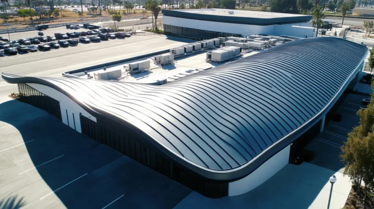 A commercial roof on a call center in a location similar to Los Angeles with a futuristic aesthetic (AI image)