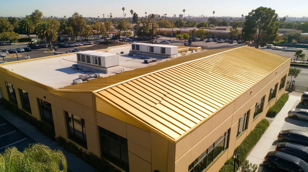 A commercial roof on a call center in a location similar to Los Angeles with a solid gold aesthetic (AI image)
