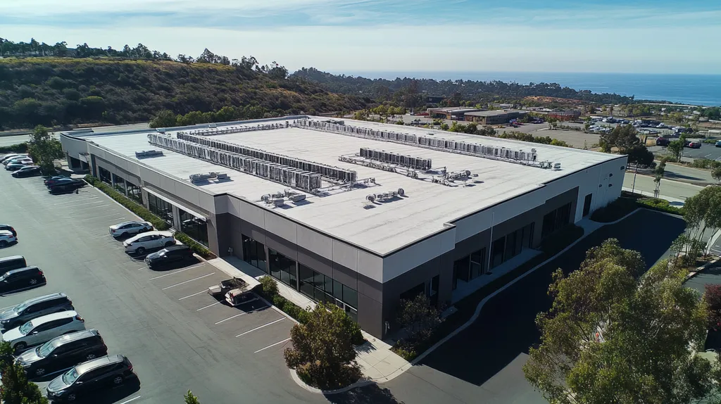 A commercial roof on a call center in a location similar to Malibu with a charcoal sketch aesthetic (AI image)