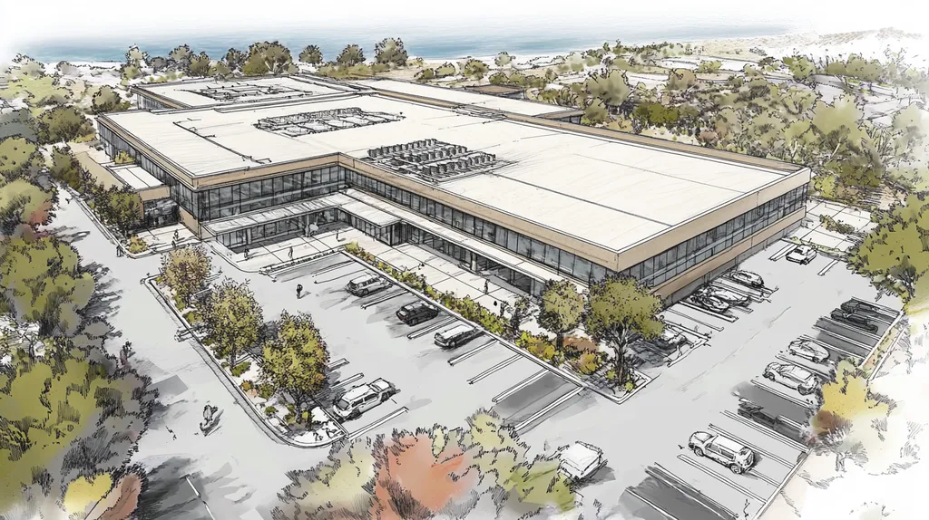A commercial roof on a call center in a location similar to Malibu with a charcoal sketch aesthetic (AI image)