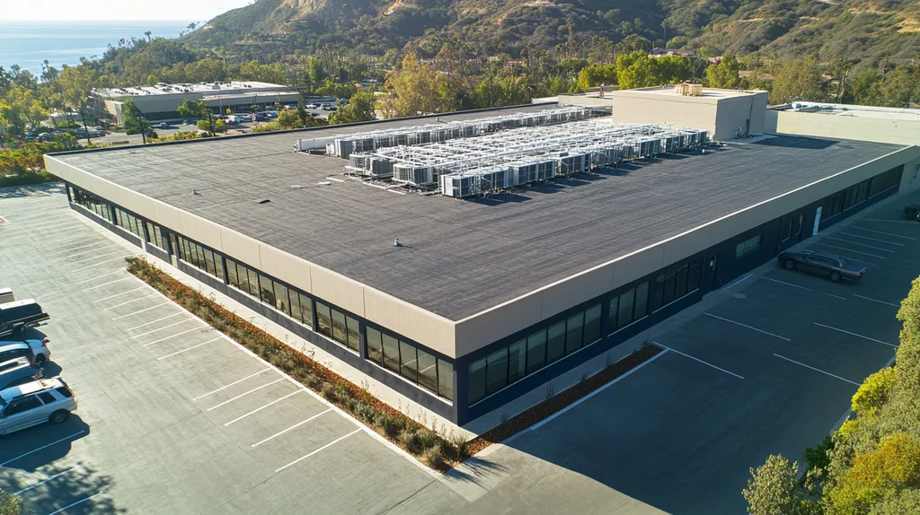 A commercial roof on a call center in a location similar to Malibu with a color highlight aesthetic (AI image)
