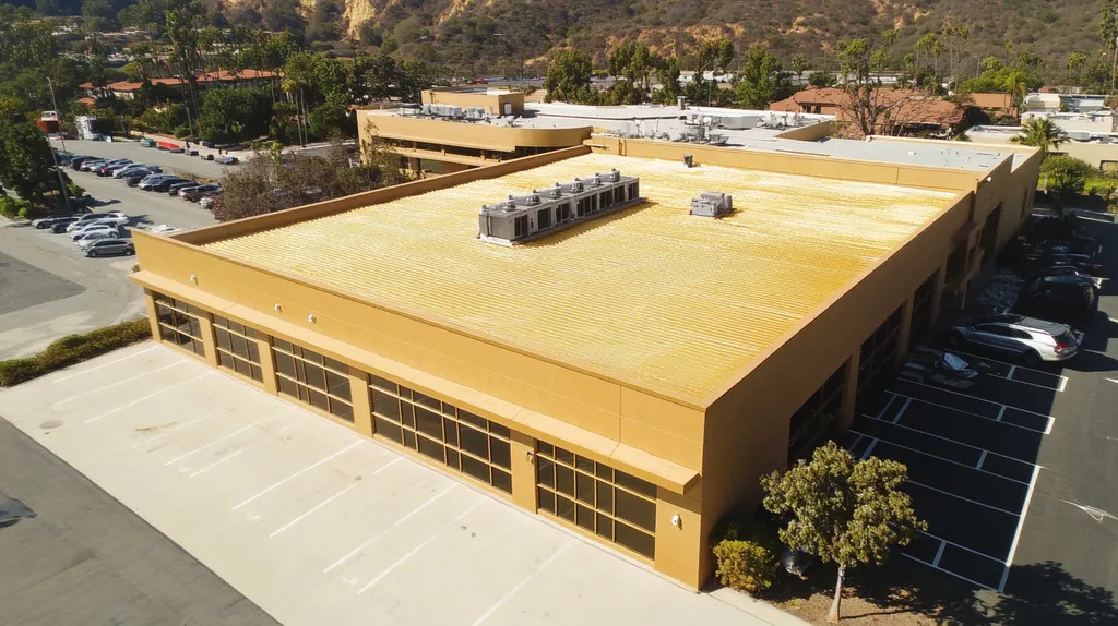 A commercial roof on a call center in a location similar to Malibu with a solid gold aesthetic (AI image)