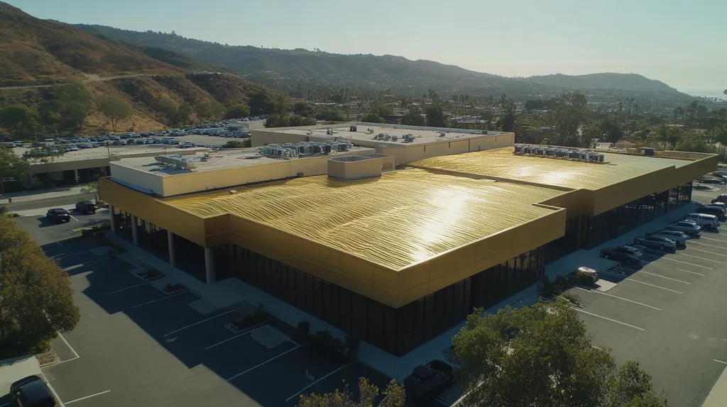 A commercial roof on a call center in a location similar to Malibu with a solid gold aesthetic (AI image)