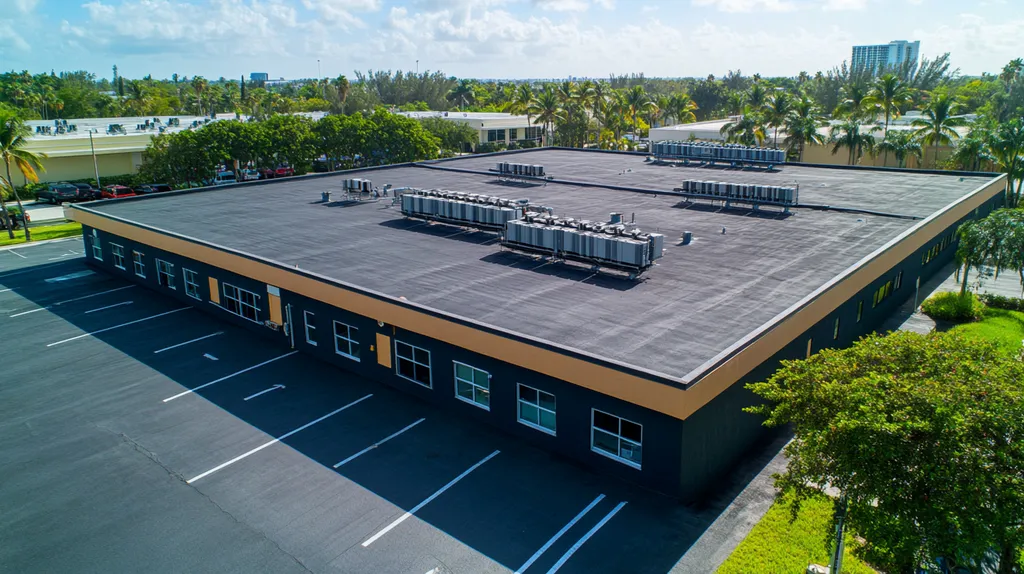 A commercial roof on a call center in a location similar to Miami with a color highlight aesthetic (AI image)