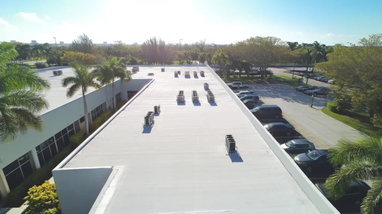 A commercial roof on a call center in a location similar to Miami with a color highlight aesthetic (AI image)