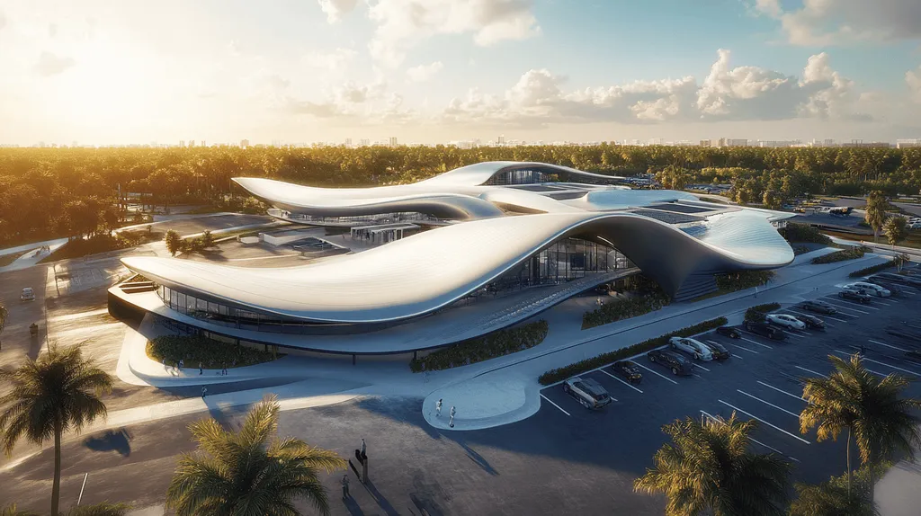 A commercial roof on a call center in a location similar to Miami with a futuristic aesthetic (AI image)