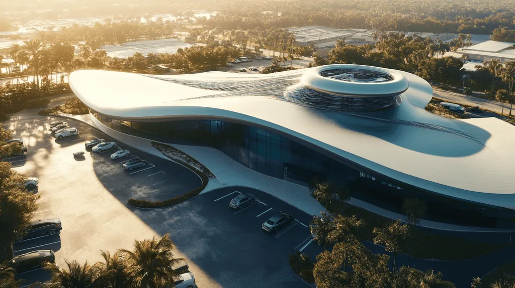 A commercial roof on a call center in a location similar to Miami with a futuristic aesthetic (AI image)