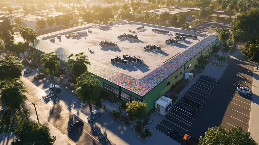 A commercial roof on a call center in a location similar to Miami with a mosaic tile art aesthetic (AI image)