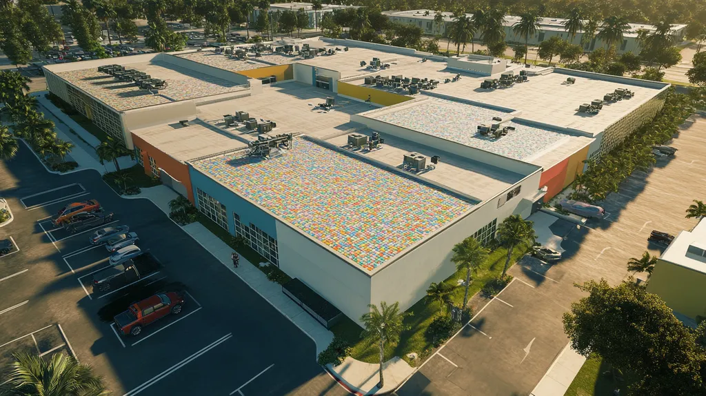 A commercial roof on a call center in a location similar to Miami with a mosaic tile art aesthetic (AI image)