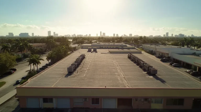A commercial roof on a call center in a location similar to Miami with an urban context aesthetic (AI image)