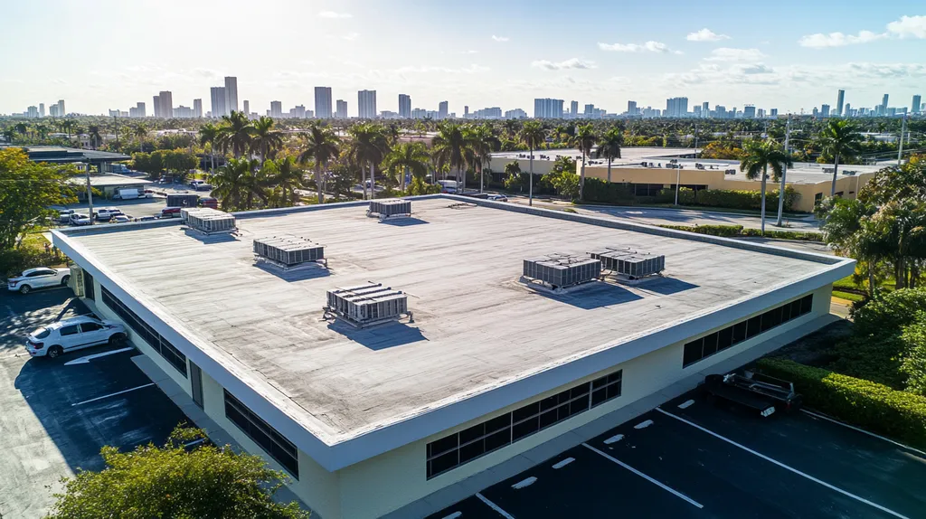 A commercial roof on a call center in a location similar to Miami with an urban context aesthetic (AI image)
