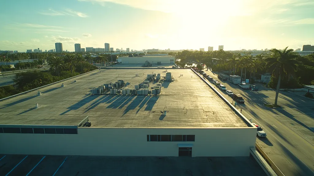 A commercial roof on a call center in a location similar to Miami with an urban context aesthetic (AI image)