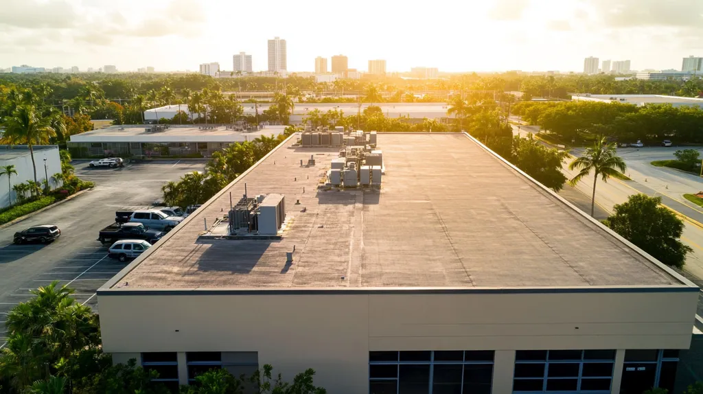 A commercial roof on a call center in a location similar to Miami with an urban context aesthetic (AI image)