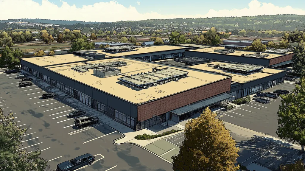 A commercial roof on a call center in a location similar to Nashville with a comic book style aesthetic (AI image)