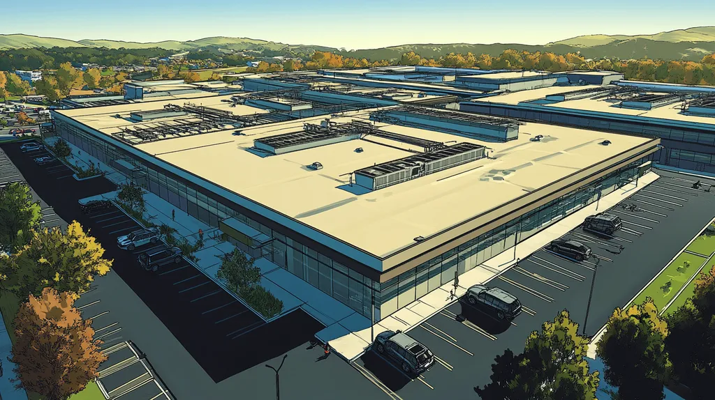 A commercial roof on a call center in a location similar to Nashville with a comic book style aesthetic (AI image)