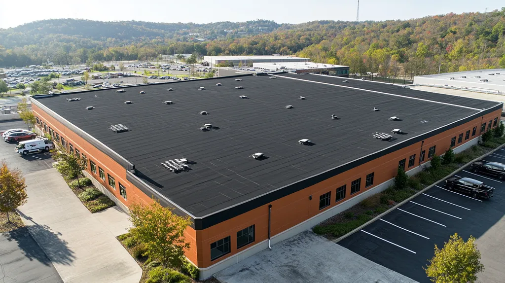 A commercial roof on a call center in a location similar to Nashville with a comic book style aesthetic (AI image)