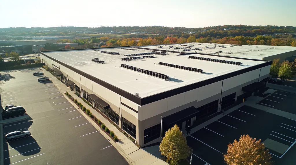 A commercial roof on a call center in a location similar to Nashville with a comic book style aesthetic (AI image)