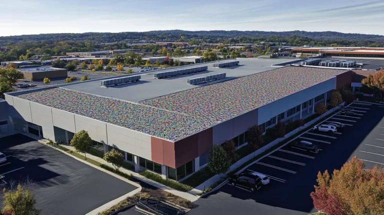 A commercial roof on a call center in a location similar to Nashville with a mosaic tile art aesthetic (AI image)