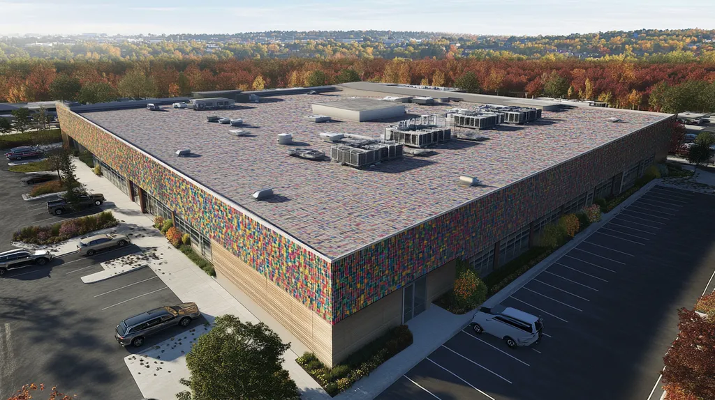 A commercial roof on a call center in a location similar to Nashville with a mosaic tile art aesthetic (AI image)