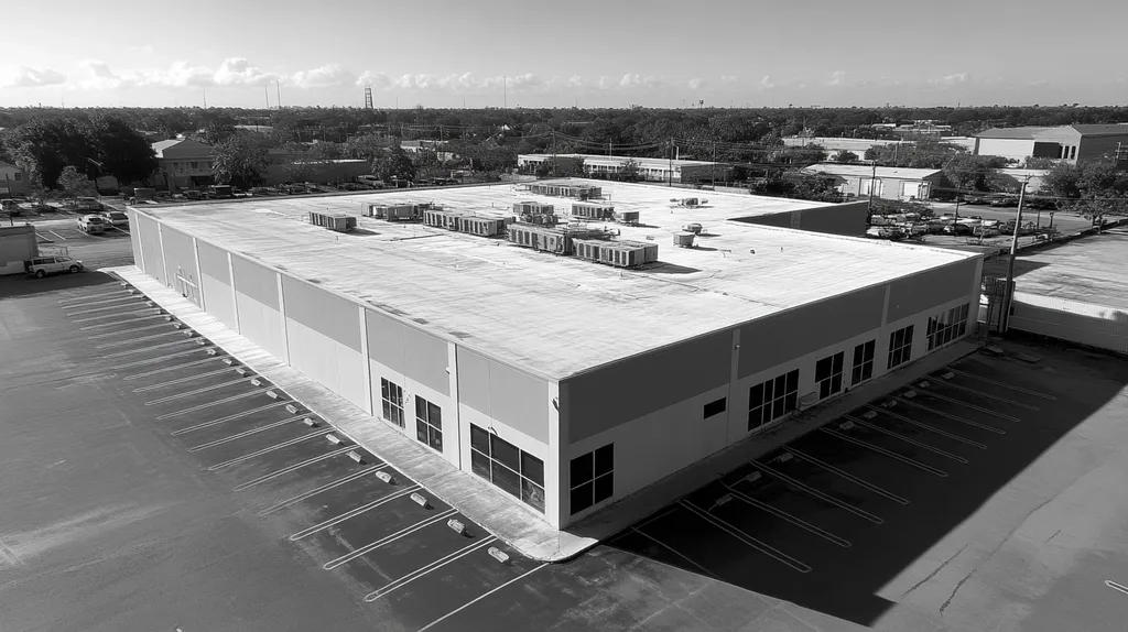 A commercial roof on a call center in a location similar to New Orleans with a black and white photography aesthetic (AI image)