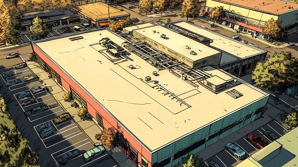 A commercial roof on a call center in a location similar to New Orleans with a comic book style aesthetic (AI image)