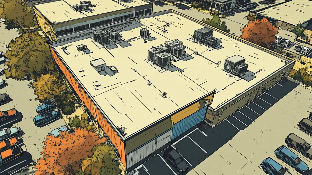 A commercial roof on a call center in a location similar to New Orleans with a comic book style aesthetic (AI image)