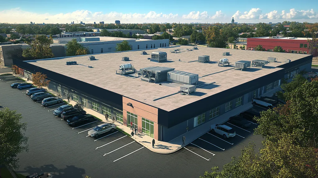 A commercial roof on a call center in a location similar to New Orleans with a comic book style aesthetic (AI image)