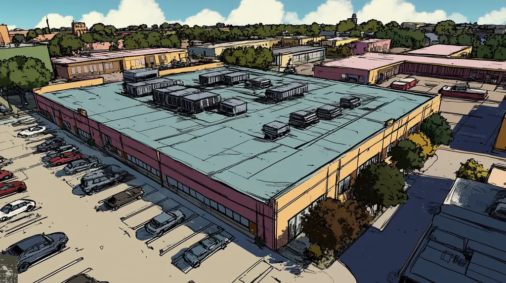 A commercial roof on a call center in a location similar to New Orleans with a comic book style aesthetic (AI image)