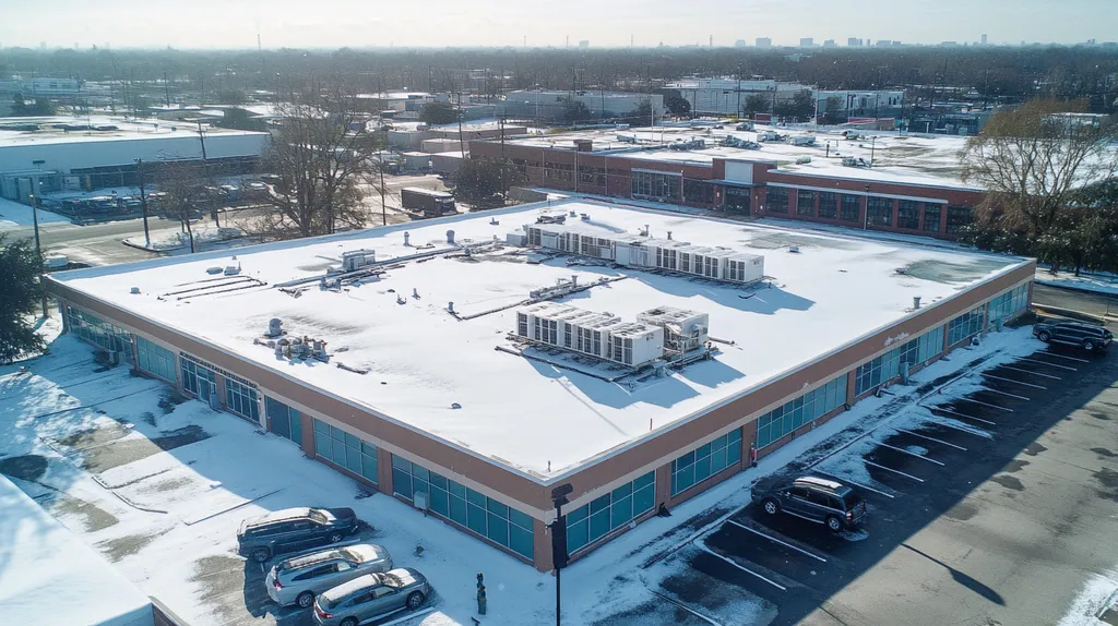 A commercial roof on a call center in a location similar to New Orleans with a snowy day aesthetic (AI image)