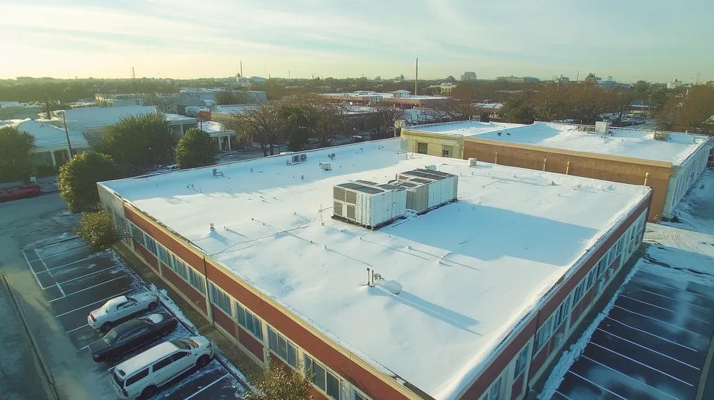 A commercial roof on a call center in a location similar to New Orleans with a snowy day aesthetic (AI image)