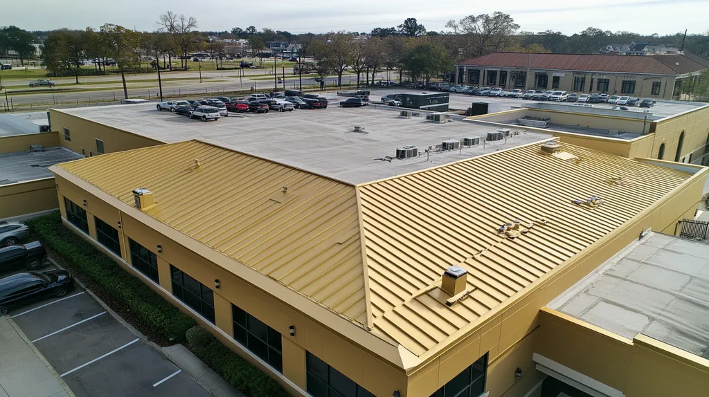 A commercial roof on a call center in a location similar to New Orleans with a solid gold aesthetic (AI image)