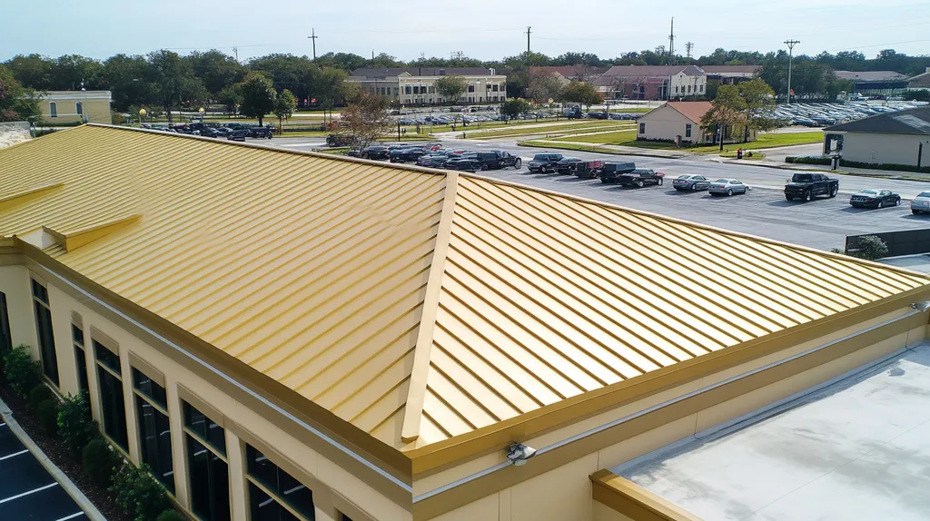 A commercial roof on a call center in a location similar to New Orleans with a solid gold aesthetic (AI image)