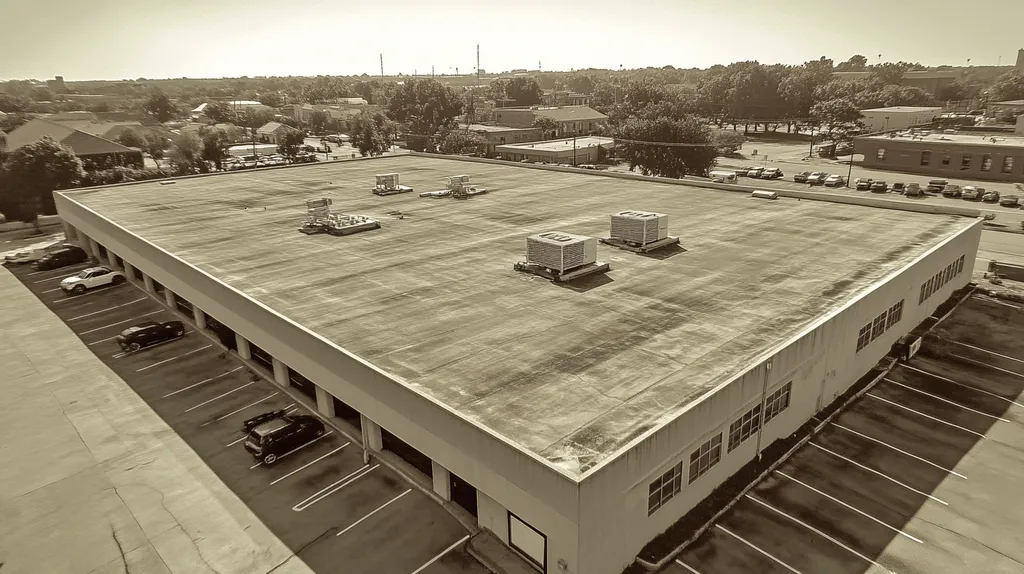 A commercial roof on a call center in a location similar to New Orleans with a tintype aesthetic (AI image)
