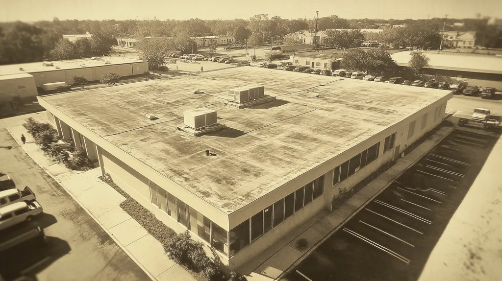 A commercial roof on a call center in a location similar to New Orleans with a tintype aesthetic (AI image)