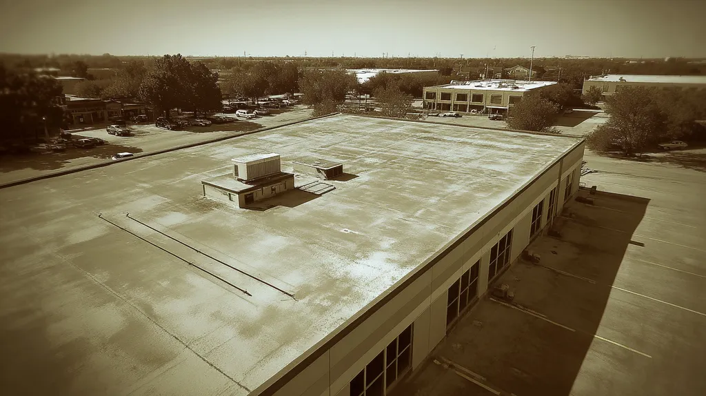 A commercial roof on a call center in a location similar to New Orleans with a tintype aesthetic (AI image)