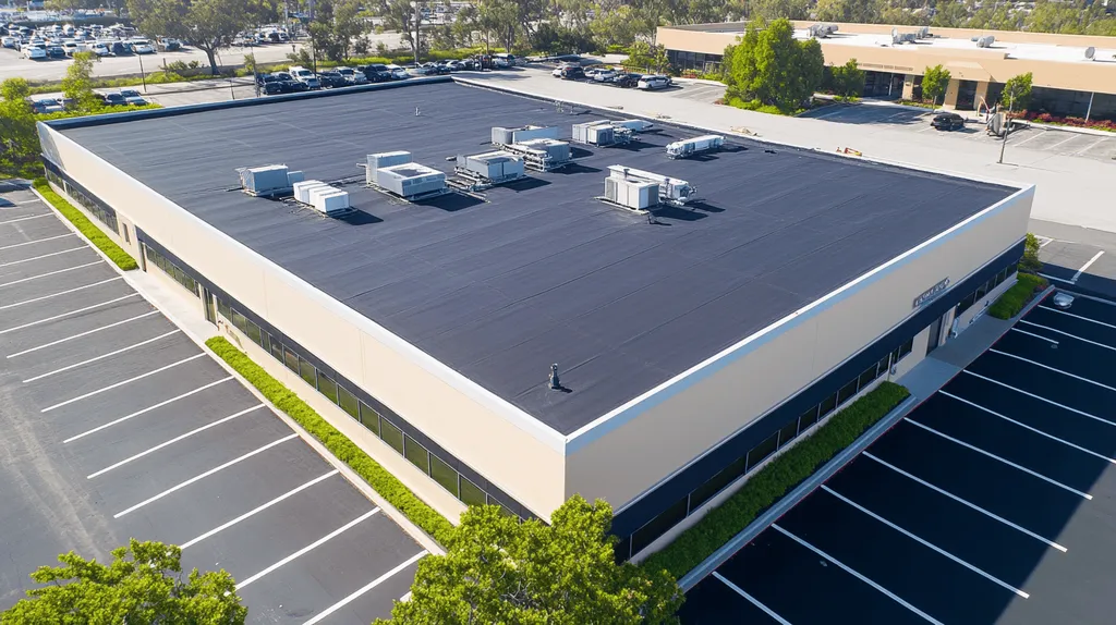 A commercial roof on a call center in a location similar to Newport Beach with a color highlight aesthetic (AI image)