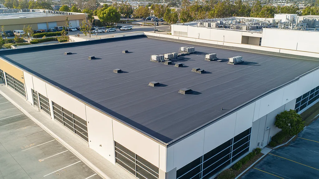A commercial roof on a call center in a location similar to Newport Beach with a color highlight aesthetic (AI image)