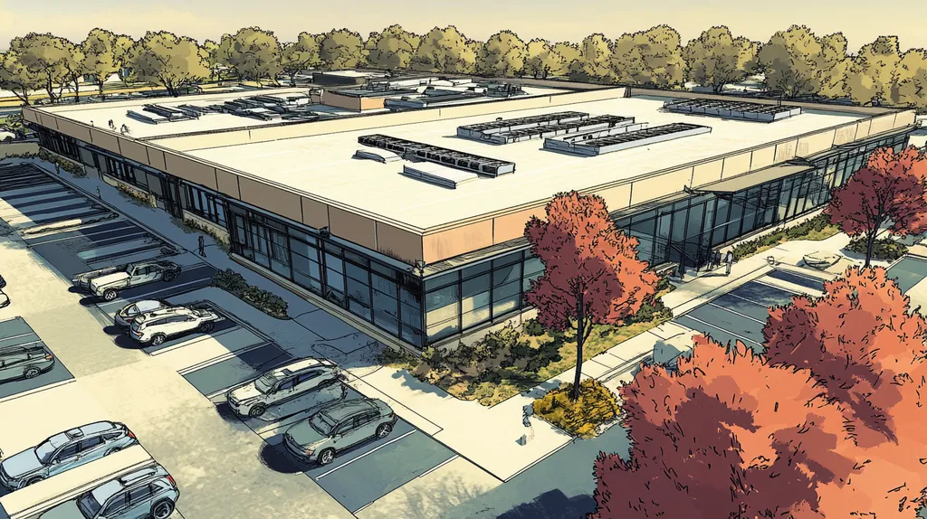 A commercial roof on a call center in a location similar to Newport Beach with a comic book style aesthetic (AI image)