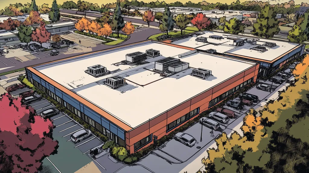 A commercial roof on a call center in a location similar to Newport Beach with a comic book style aesthetic (AI image)