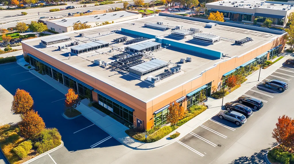 A commercial roof on a call center in a location similar to Newport Beach with a cross-processed look aesthetic (AI image)