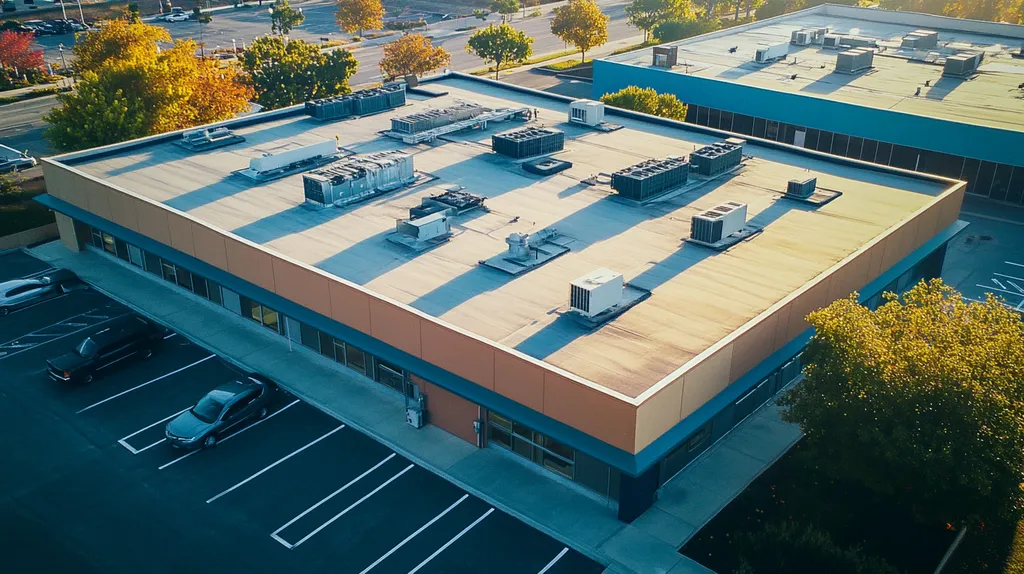 A commercial roof on a call center in a location similar to Newport Beach with a cross-processed look aesthetic (AI image)