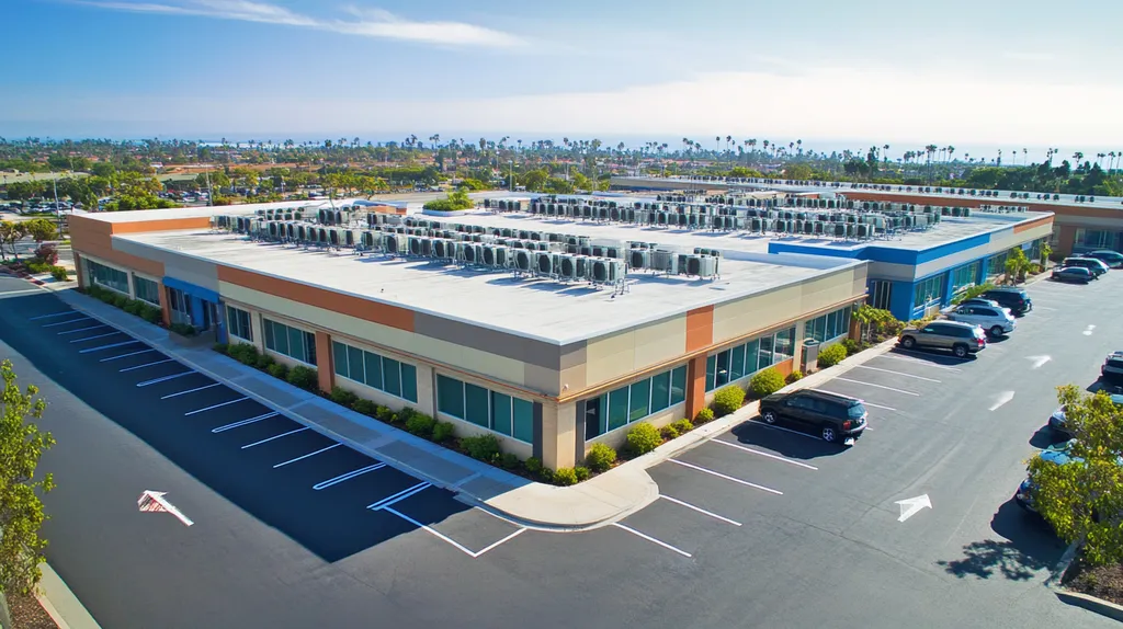 A commercial roof on a call center in a location similar to Newport Beach with a cross-processed look aesthetic (AI image)