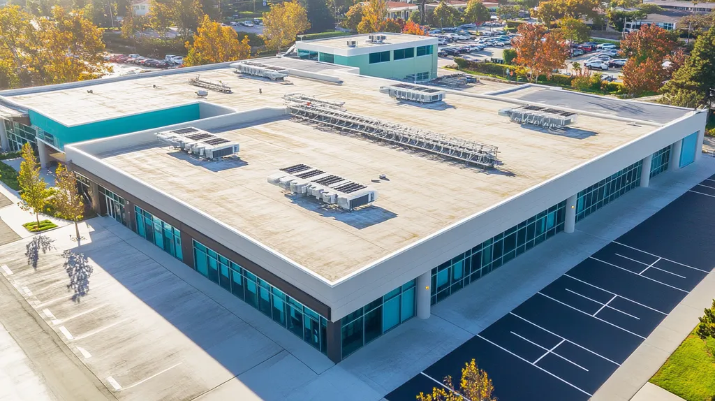 A commercial roof on a call center in a location similar to Newport Beach with a cross-processed look aesthetic (AI image)