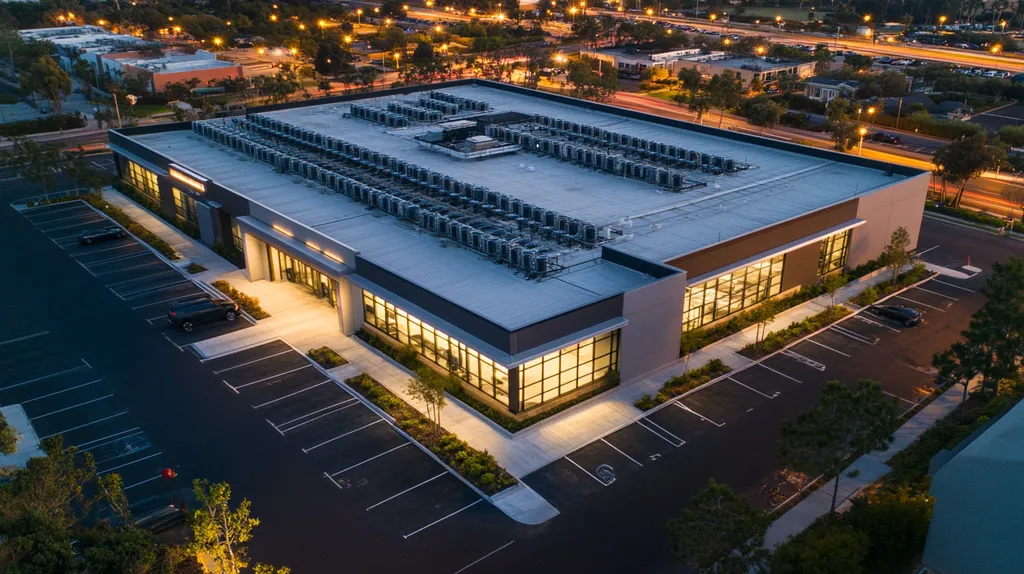 A commercial roof on a call center in a location similar to Newport Beach with an illuminated nightscape aesthetic (AI image)
